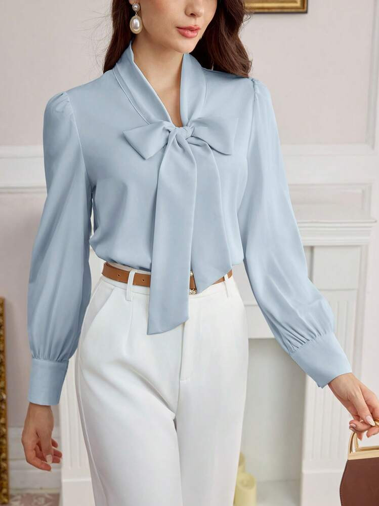 Vintamour Vintage Elegant Women Shirt V-Neck Tied Bow Ruched Long Sleeve Commuter Blouse Fall Women Clothes Long Sleeve Shirt Homecoming Thanksgiving Christmas Women Clothes Winter Women Clothes Fall Women Outfits Fall Women Tops | SHEIN