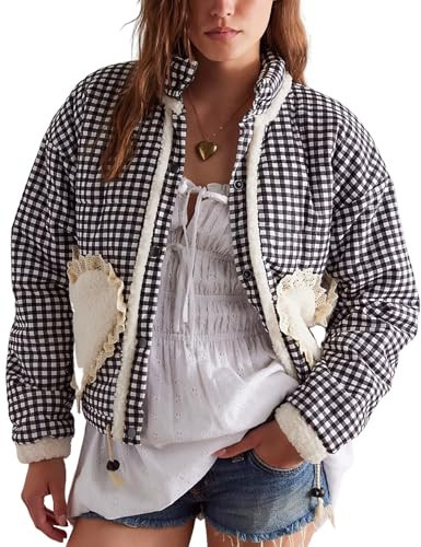 Yimoon Womens Cropped Quilted Jacket Plaid Gingham Print Puffer Coat Snap Button Short Padded Jacket Outwear(Black-S) | Amazon (US)