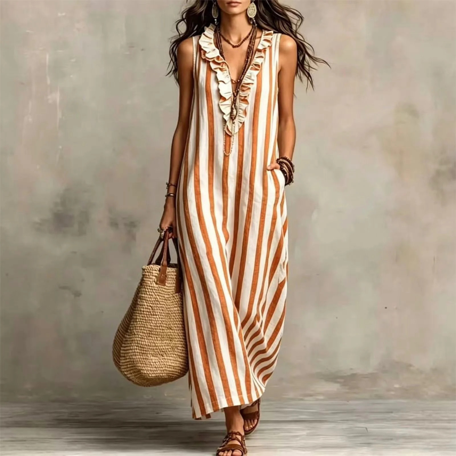 Morttic Women's Striped V-Neck Sleeveless Maxi Dress – Pocket, Ruffle Neckline, Casual Resort & Everyday Wear Orange，XXL - Walmart.com | Walmart (US)