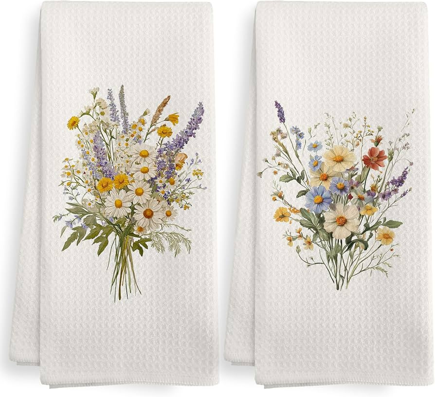 Vintage Beige Neutral Floral Farmhouse Kitchen Towels and Dishcloths Sets of 2, Wildflower Decor ... | Amazon (US)
