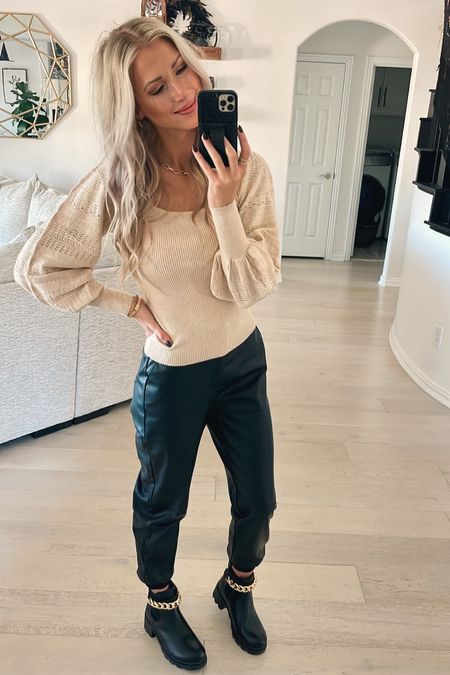 Faux leather joggers for $36 | chunky block heel with ankle bootie for $40 

#LTKSeasonal #LTKstyletip #LTKshoecrush