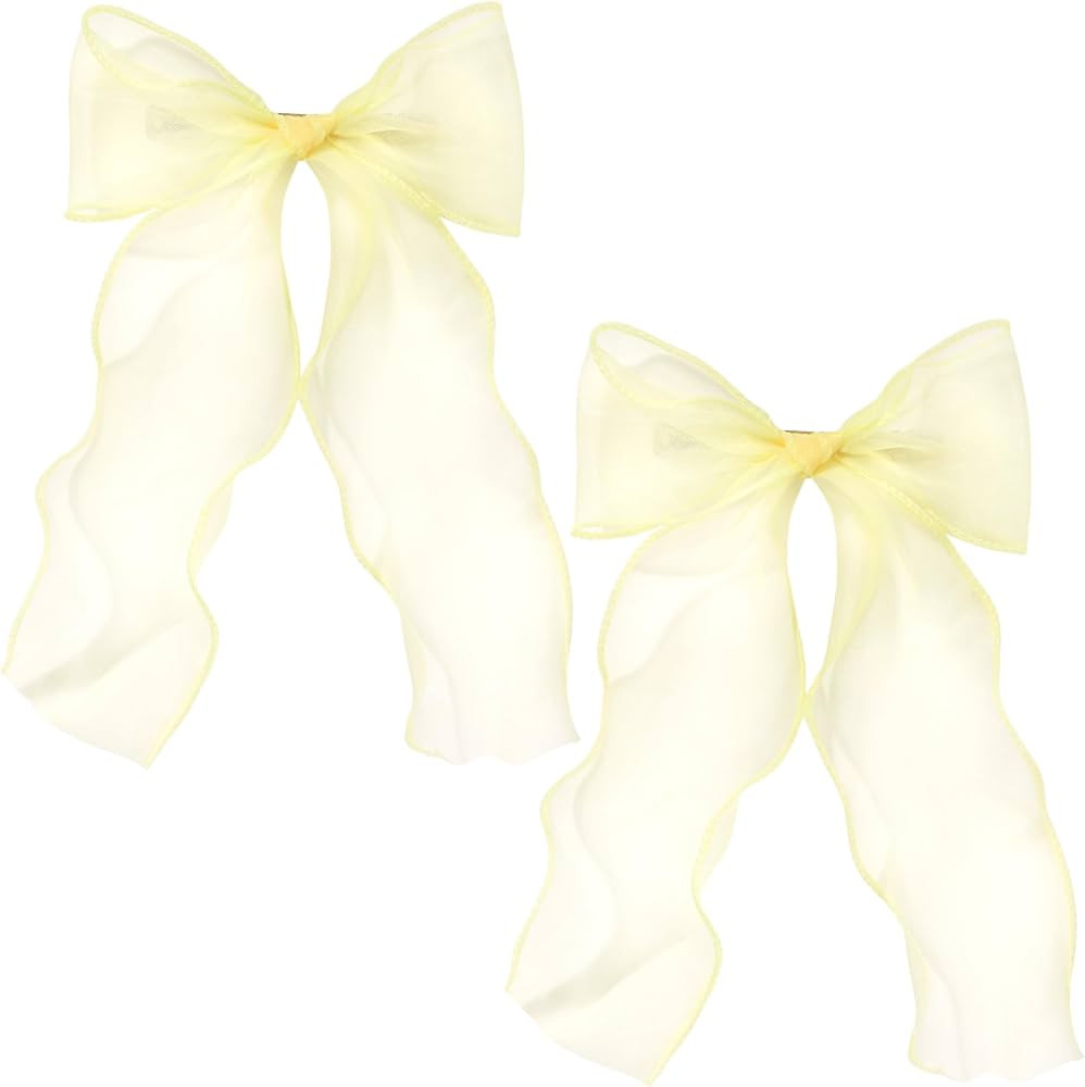 2Pcs Large Hair Bow Clips, Yellow Silk Yarn Ribbon Bow Hair Barrette for Women, Elegant Long Tail... | Amazon (US)