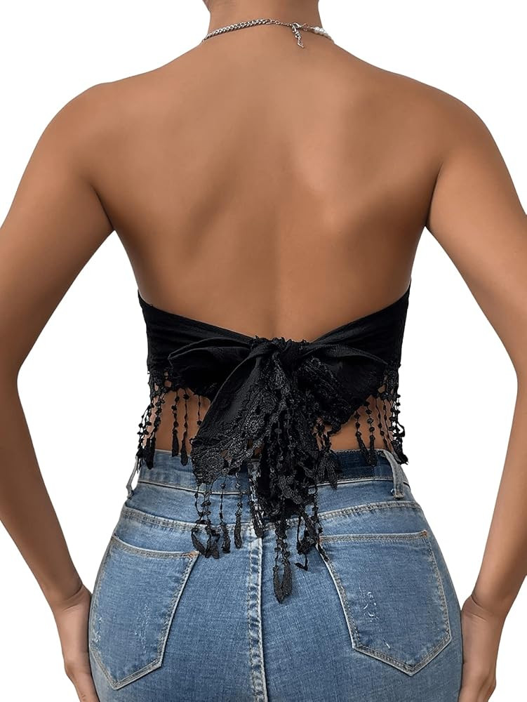 SweatyRocks Women's Floral Fringe Hem Strapless Crop Top Sleeveless Tie Back Bandeau Tube Top | Amazon (US)