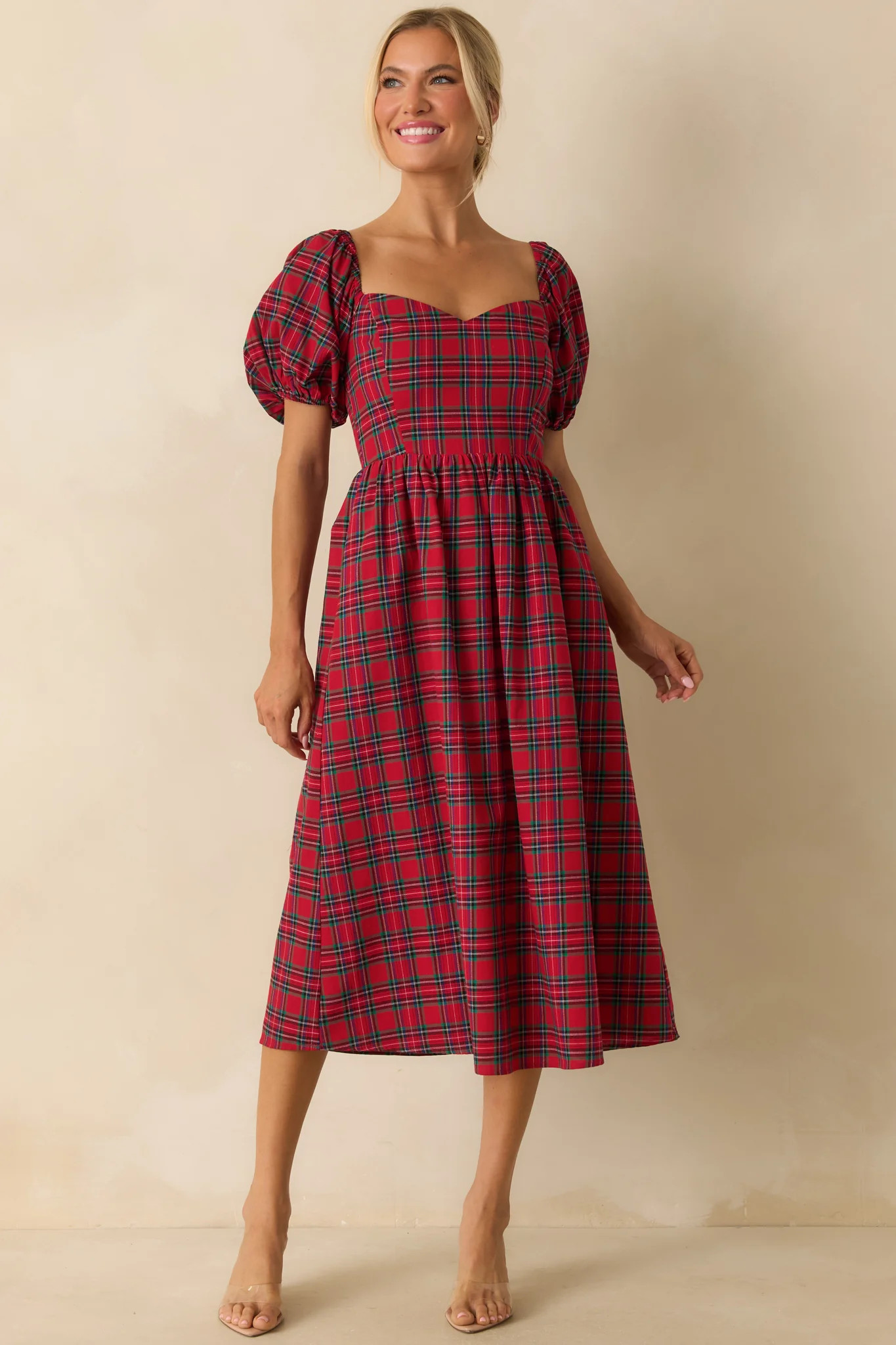 Always You Cotton Red Plaid Puff Sleeve Midi Dress | Red Dress