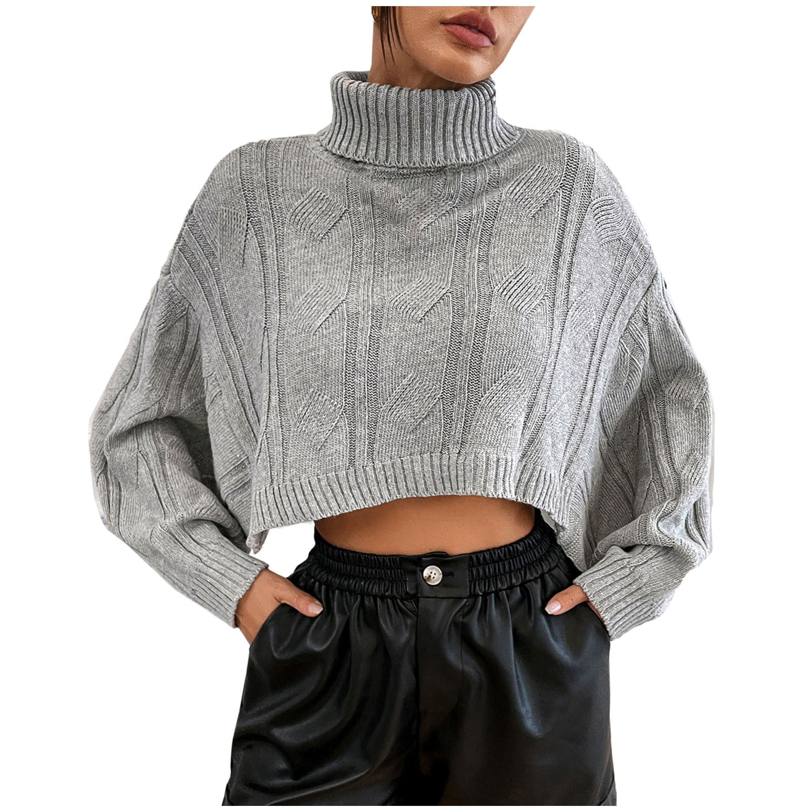 XFLWAM Women's Turtleneck Knit Sweaters Casual Long Batwing Sleeve Pullover Cropped Cute Jumper D... | Walmart (US)