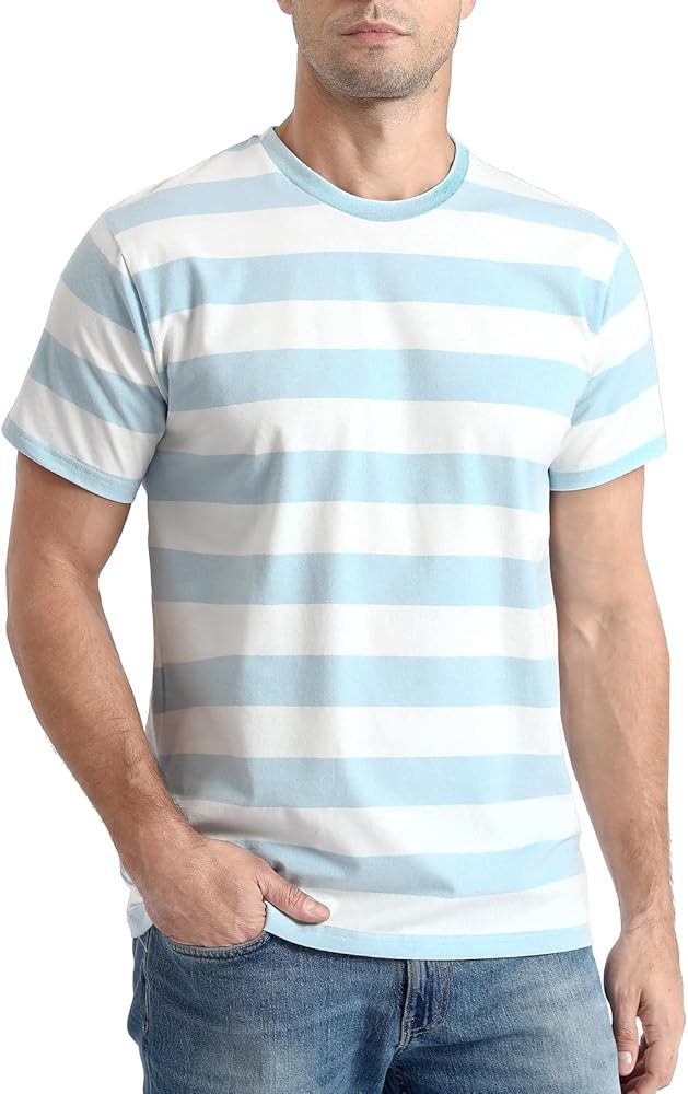 Funny World Men's Cotton Striped T-Shirt Crew Neck Short Sleeves Basic Casual Top | Amazon (US)