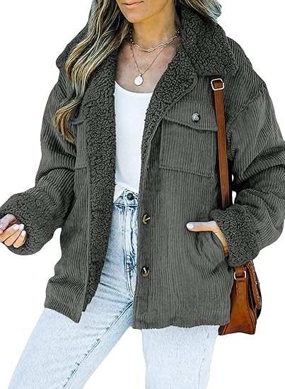 Dokotoo Corduroy Sherpa Jacket for Women Button Down Fleece Fur Collar Winter Warm Coat | Amazon (US)