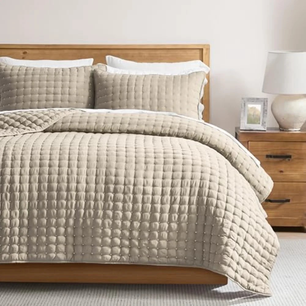 Beige Queen Size Quilt Bedding Sets with Pillow Shams Cream Tan Lightweight Soft Bedspread Coverl... | Walmart (US)