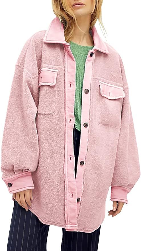 Fisoew Womens Oversized Long Sleeve Button Down Shirt Jacket Soft Comfy Casual Shacket Coats with... | Amazon (US)