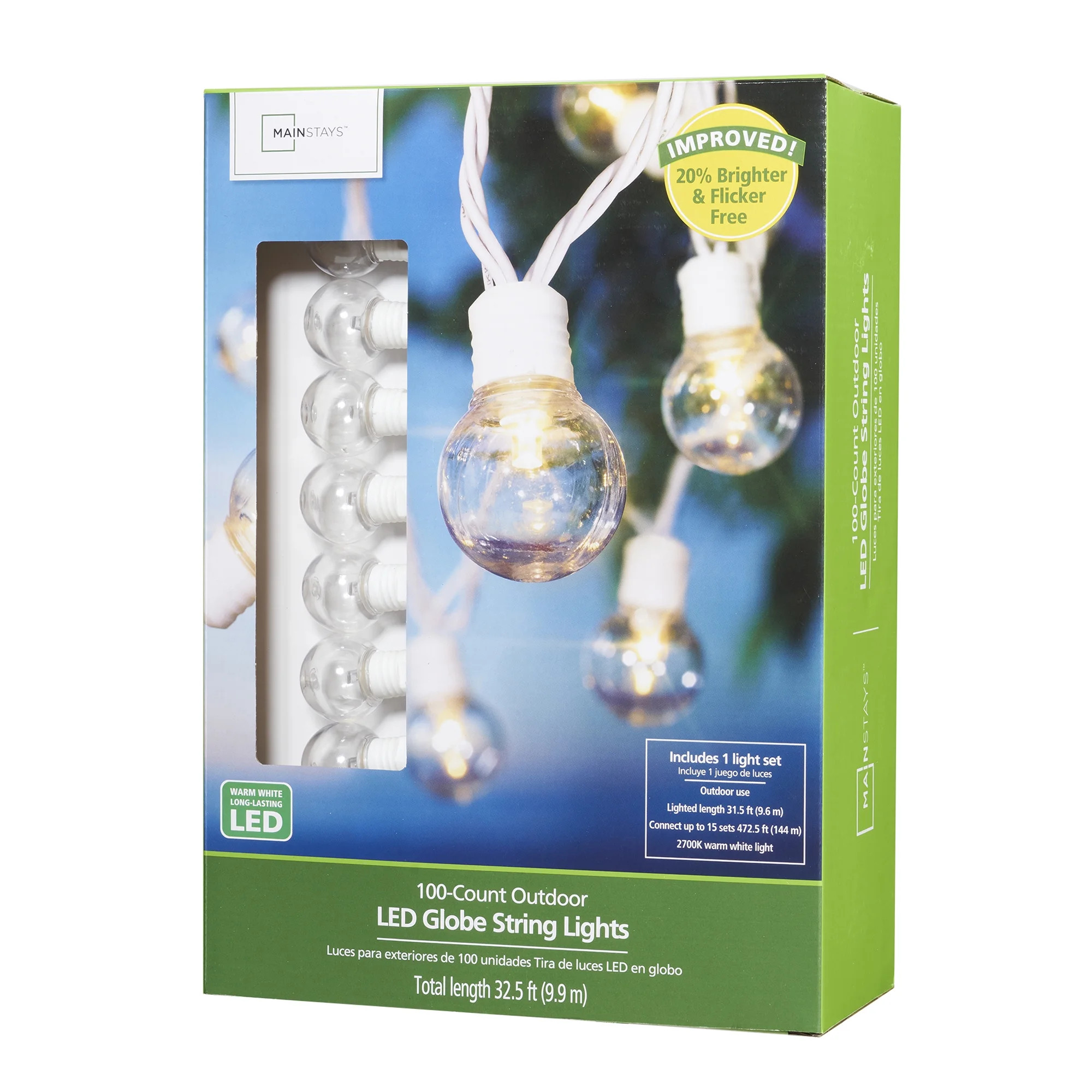 Mainstays 100 Count Outdoor LED Globe String Lights, White Wire | Walmart (US)