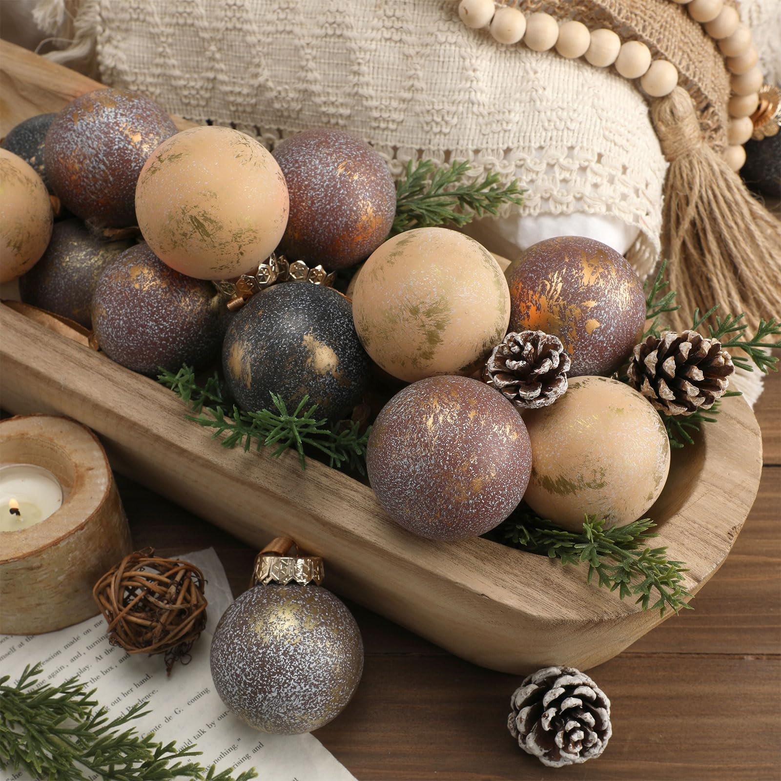 Yunlly 12 Pcs Large Neutral Textured Christmas Ball Ornaments 3.15 Inch Vintage Rustic Ivory Brow... | Amazon (US)