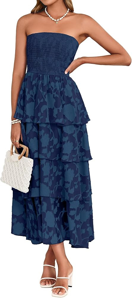 Simplee Womens Summer Strapless Maxi Dress 2026 Boho Floral Off Shoulder Wedding Guest Dresses Ti... | Amazon (US)