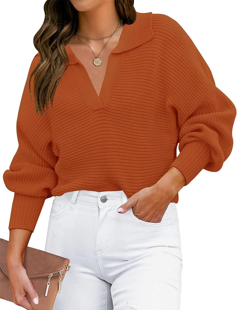 ZESICA Women's 2024 Fall Lapel Collar V Neck Long Sleeve Ribbed Knit Comfy Loose Casual Pullover ... | Amazon (US)