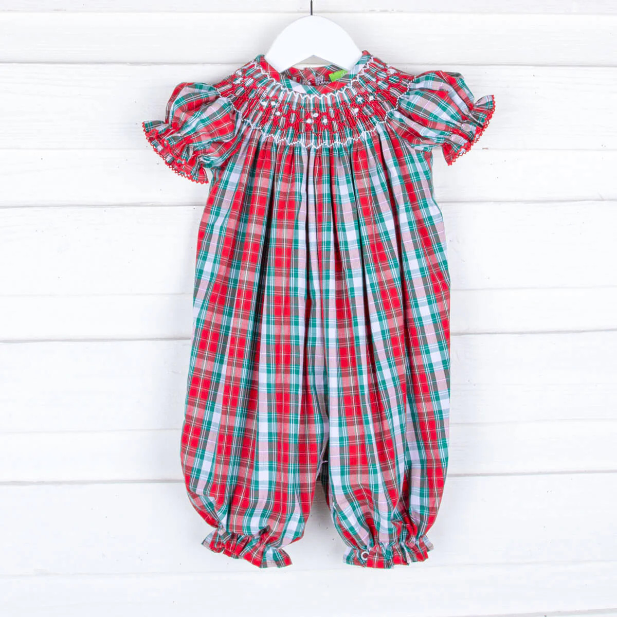 Geometric Smocked Red & Green Plaid Long Bubble | Classic Whimsy