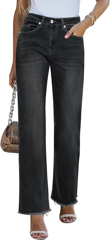 GRAPENT Straight Leg Jeans for Women High Waisted Stretchy Frayed Raw Hem Loose Denim Pants Casua... | Amazon (US)