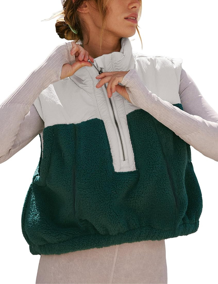 Yeokou Women Fleece Sherpa Vest Cropped Half Zip Sleeveless Warm Fuzzy Contrast Color Outwear Ves... | Amazon (US)