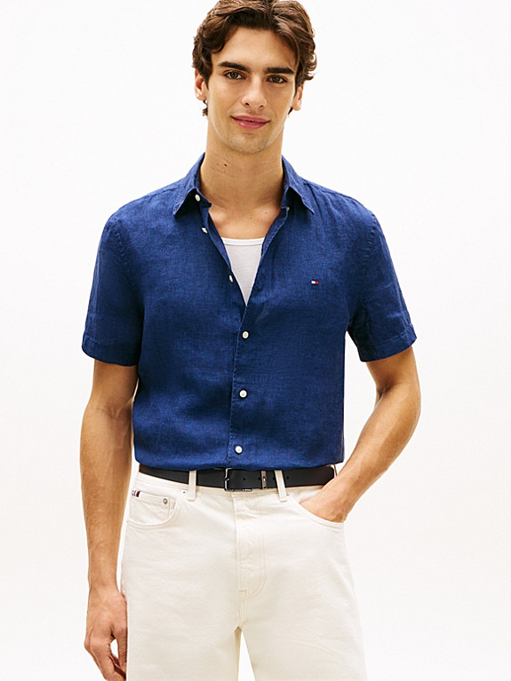 Regular Fit Washed Linen Short Sleeve Shirt | Blue | Tommy Hilfiger | Tommy Hilfiger UK