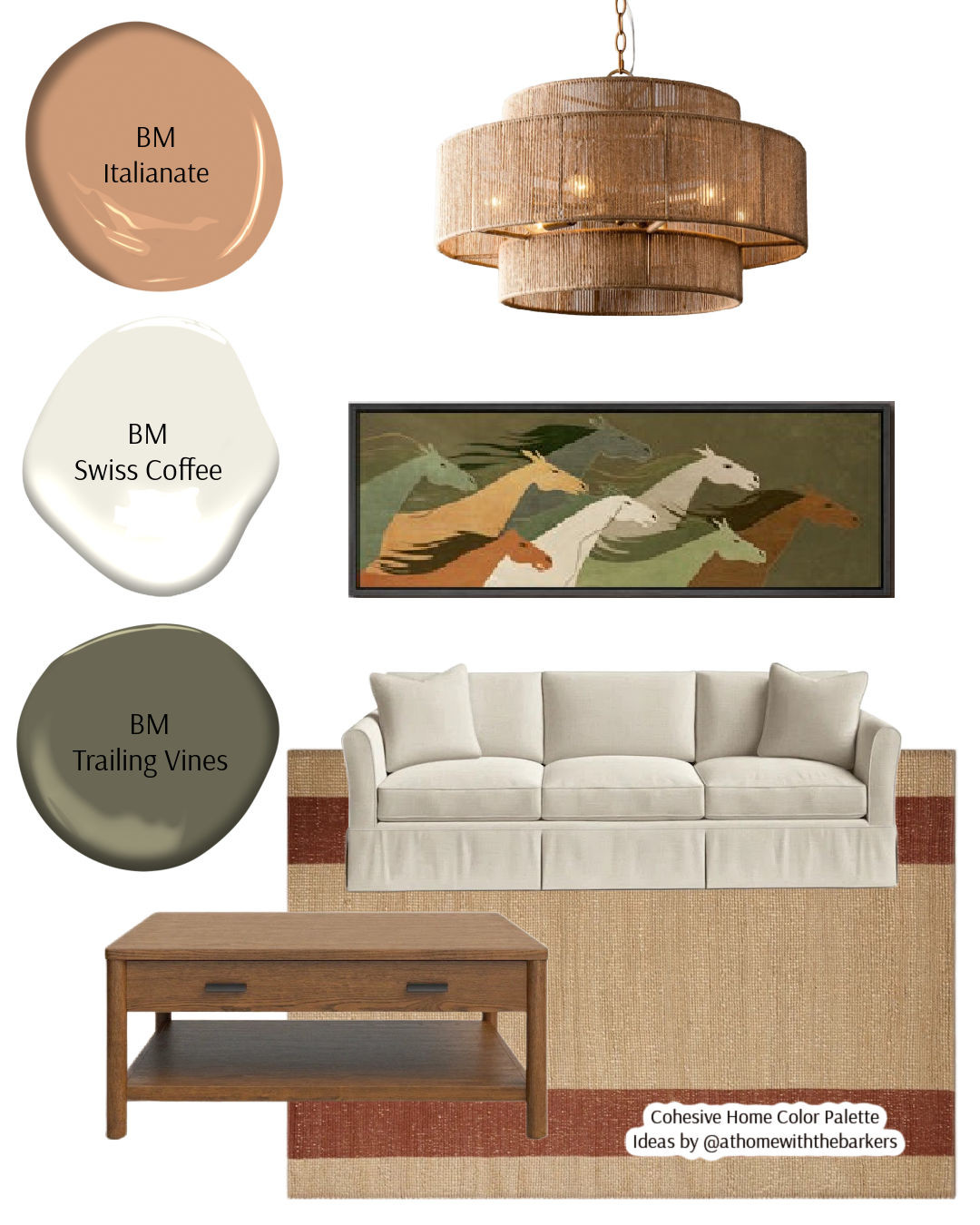 Benjamin Moore Italianate, Swiss Coffee and Trailing Vines paint color palette for this design. Folk art horses make this a fun room. 

 #LTKHome #LTKSaleAlert