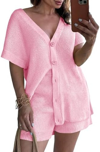 Saodimallsu Womens 2 Piece Outfits Sweater Sets Summer Oversized Cap Sleeve Button Up Cardigans T... | Amazon (US)