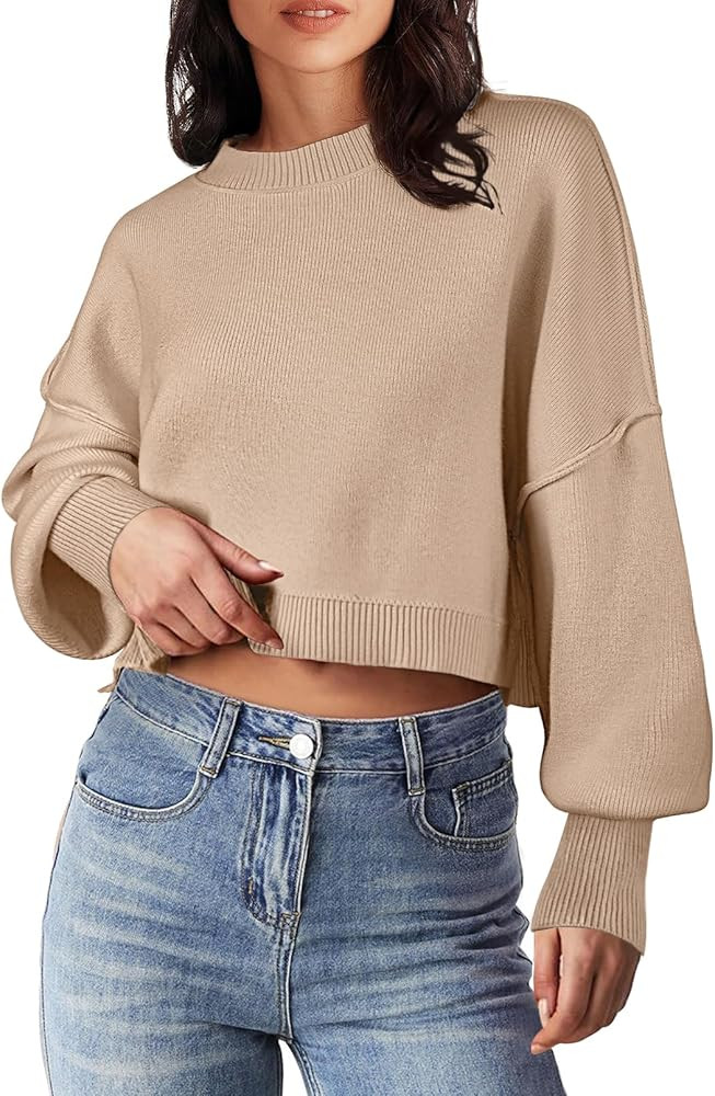 MEROKEETY Women's 2025 Crewneck Cropped Sweater Fall Batwing Sleeve Oversized Side Slit Ribbed Kn... | Amazon (US)