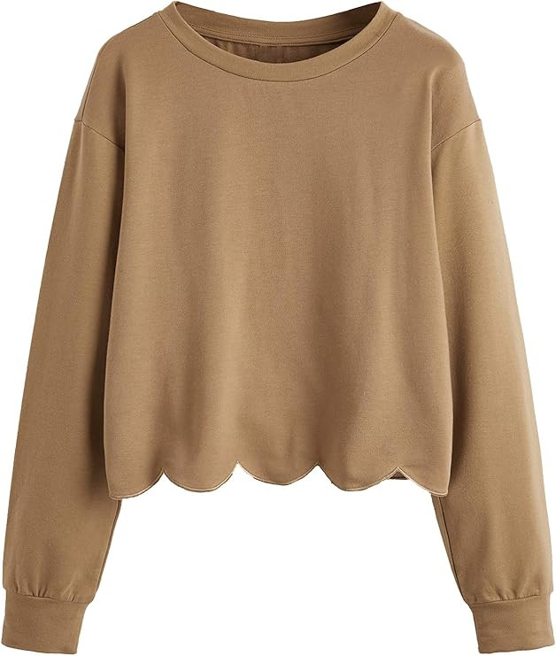 Romwe Women's Casual Long Sleeve Scalloped Hem Crop Tops Sweatshirt | Amazon (US)