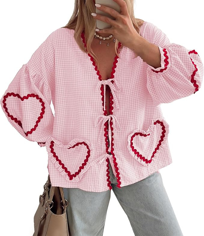 Women Cute Heart Tie Front Peplum Tops Puff Long Sleeve V Neck Bow Blouse Gingham Babydoll Shirts... | Amazon (US)