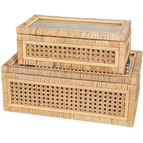 Creative Co-Op Modern Decorative Rectangle Woven Rattan and Wood Display Boxes with Glass Top, Se... | Amazon (US)