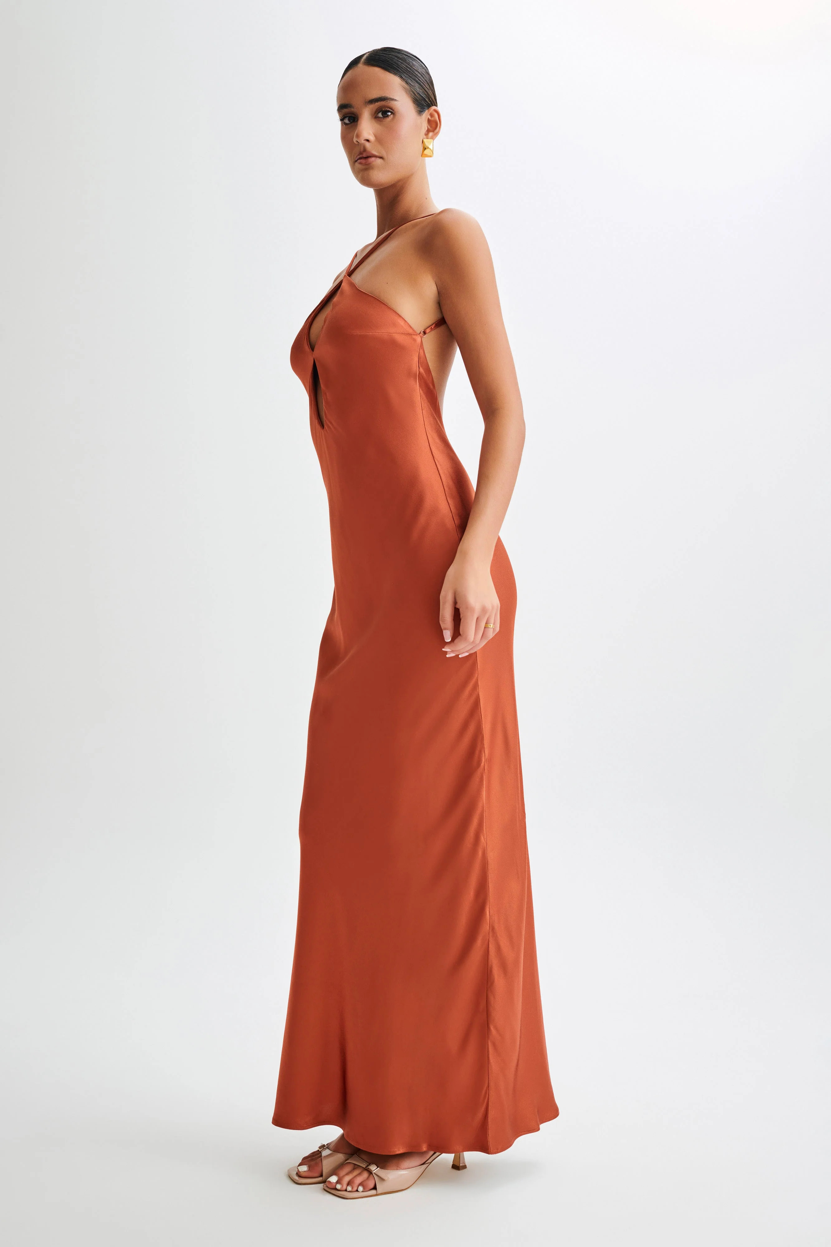 Lucia Satin Cut Out Maxi Dress - Burnt Orange | MESHKI US