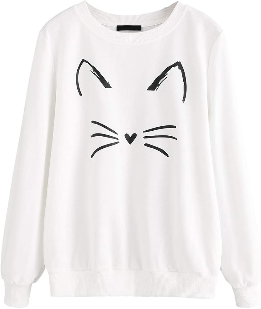 ROMWE Women's Cat Print Lightweight Sweatshirt Long Sleeve Casual Pullover Shirt | Amazon (US)