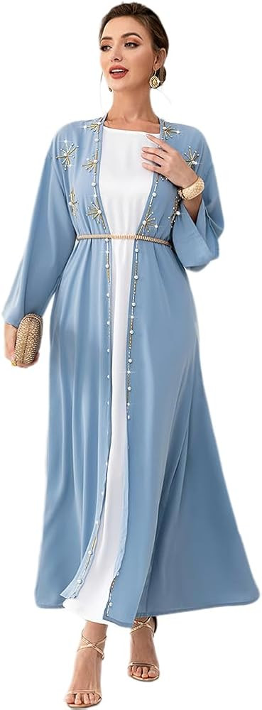 IDOPIP Muslim Abayas for Women Long Sleeve Open Front Cardigan Rhinestone Applique Islamic Dubai ... | Amazon (US)