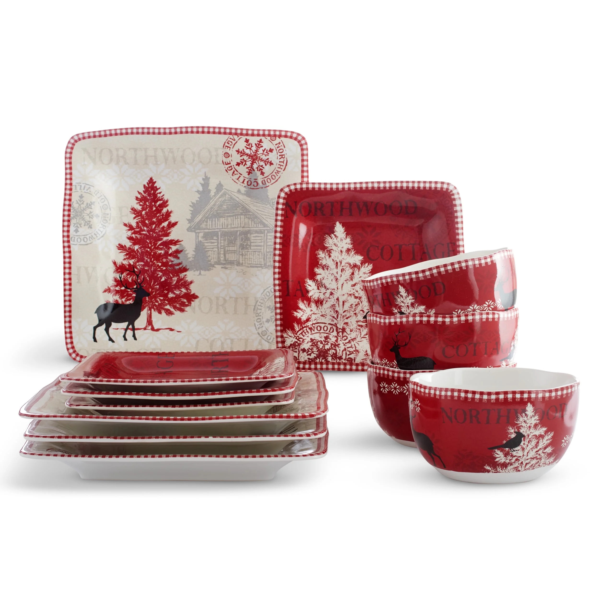 222 Fifth Northwood Cottage Holiday Porcelain Dinnerware Collection, 12-Piece Set, Red | Walmart (US)
