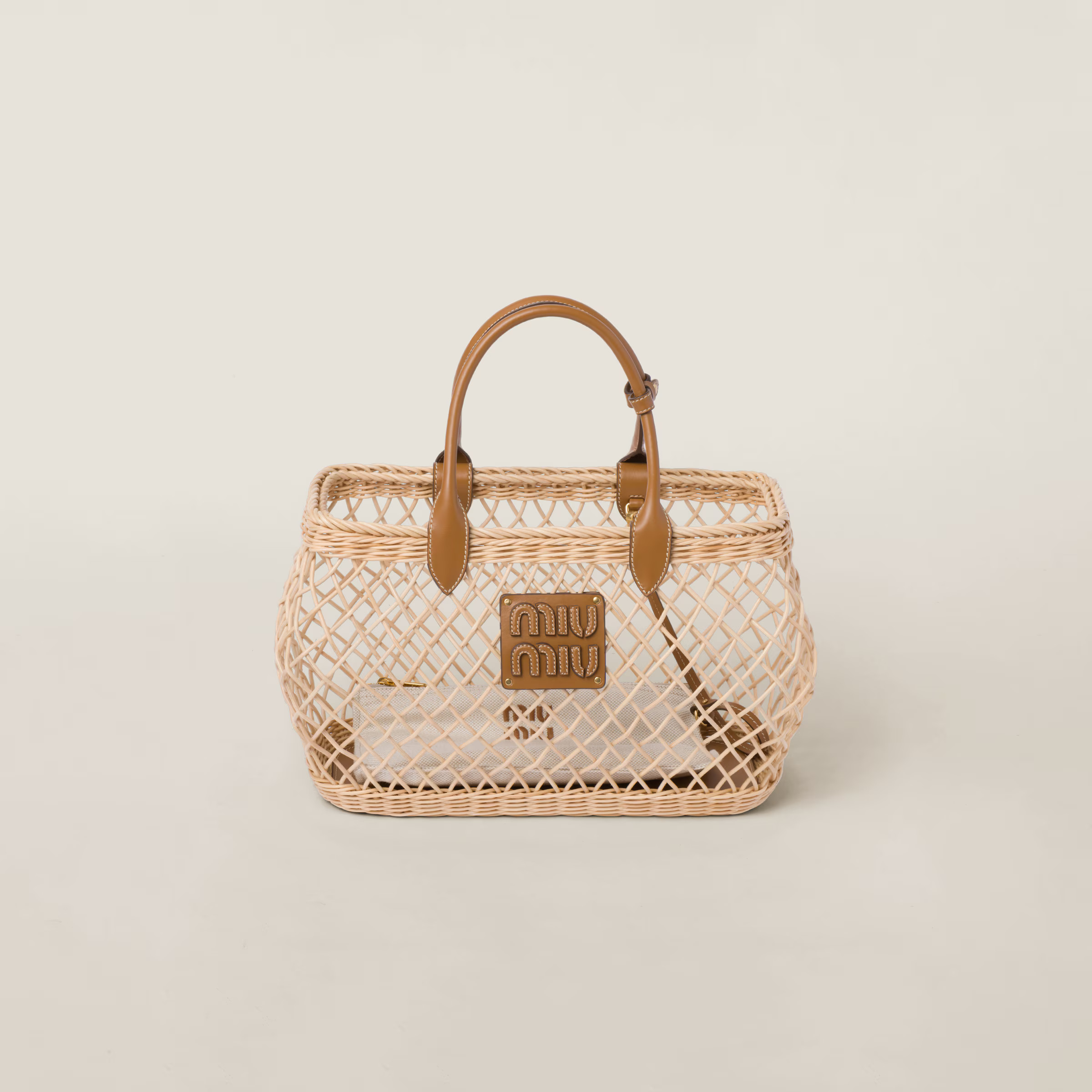 Woven fabric handbag with leather trim | Miu Miu US