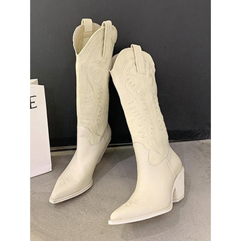 SIMANLANSIMANLAN Cowgirl Boots Women Wide Calf Low Heel Fashion Boot Beige 7USD$49.50You save $0.... | Walmart (US)
