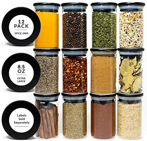 12 Black Bamboo Spice Jars (8.5 OZ) - Large Glass Spice Jars with Bamboo Lids - Kitchen Jars with Ai | Amazon (US)
