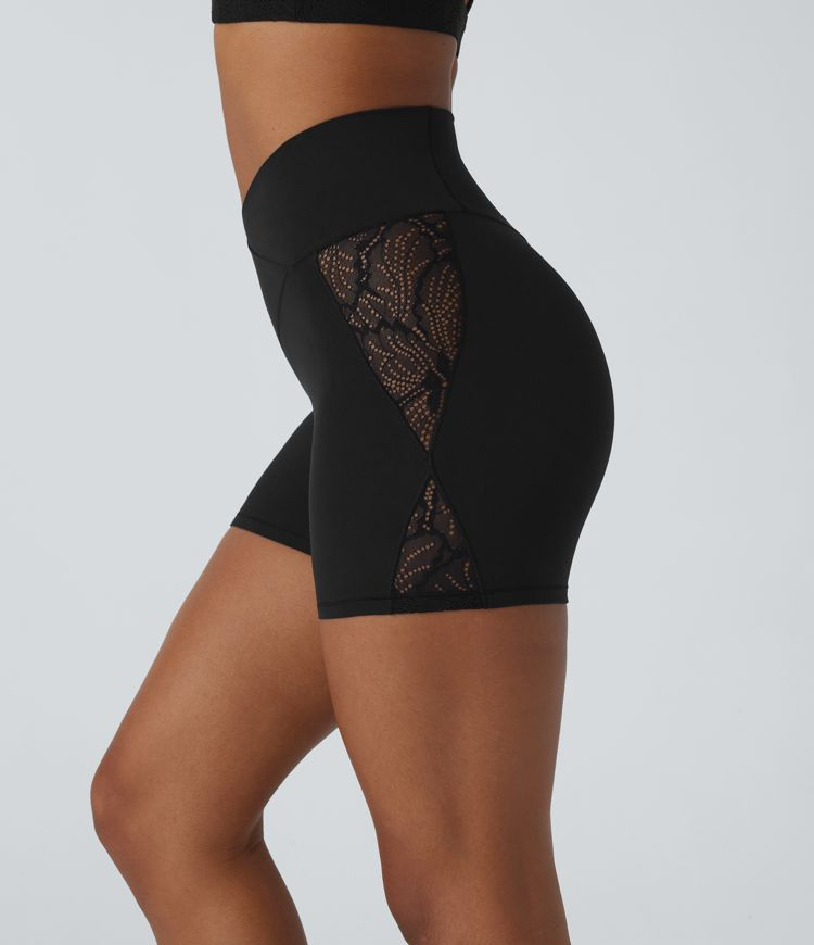 Women’s Softlyzero™ High Waisted Crossover Contrast Lace Back Pocket Yoga Biker Shorts 5''-UP... | HALARA