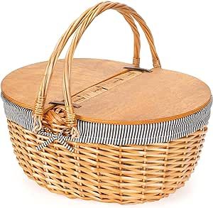 Wicker Picnic Basket with Liner, Wooden Split Lid Picnic Basket, Vintage-Style Picnic Hamper with... | Amazon (US)