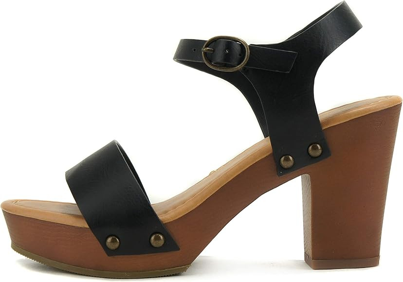 Soda CHIVAS ~ Women's Bold Buckles Studded Wedge Sandal | Amazon (US)