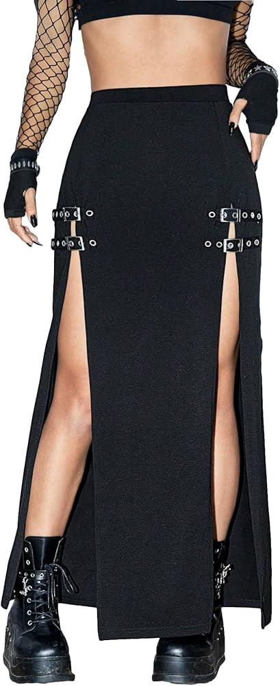 WDIRARA Women's Buckle Double Split Thigh High Punk Goth Maxi Skirt Y2K Clubwear | Amazon (US)
