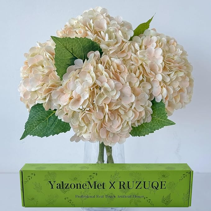 YalzoneMet 4Pcs Champagne Pink Hydrangea Artificial Flower Natural Lifelike Real Touch 21'' Long ... | Amazon (US)