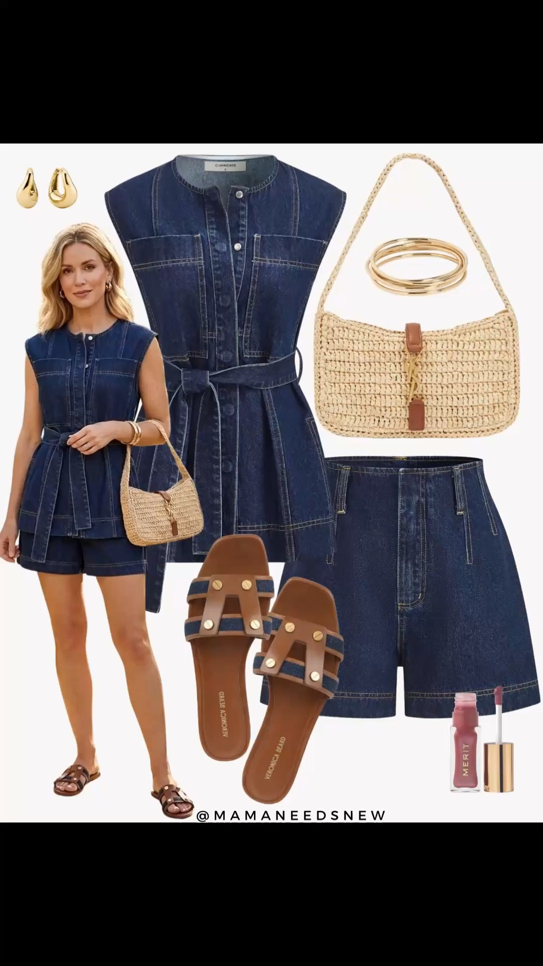 A late spring to summer outfit with matching denim vest and shorts set, raffia shoulder bag, slide sandals 💙🤎

#LTKootd #LTKSaleAlert #LTKSeasonal