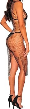 FlyCC Women Sexy See Through Mesh Beach Bikni Swimsuit Sleeveless Cover up Rhinestone Midi Dress | Amazon (US)