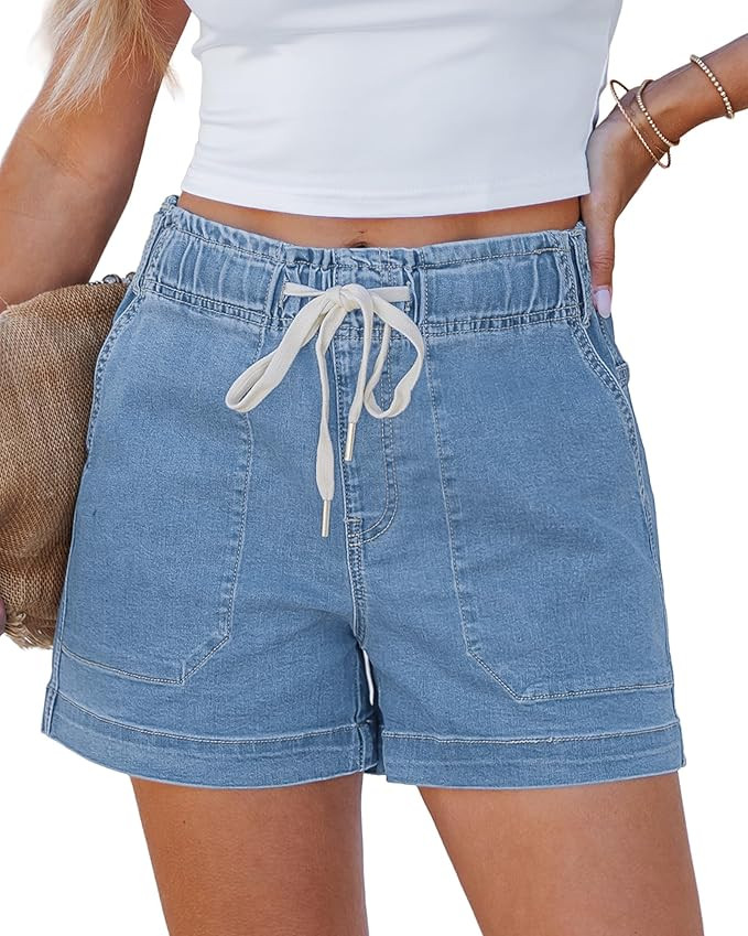 LookbookStore Jean Shorts for Women High Waisted Drawstring Pull On Elastic Waist Stretchy Denim ... | Amazon (US)