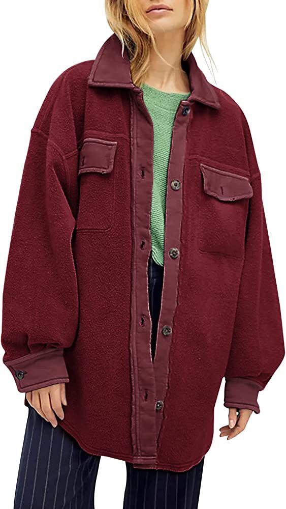 Fisoew Womens Oversized Long Sleeve Button Down Shirt Jacket Soft Comfy Casual Shacket Coats with... | Amazon (US)