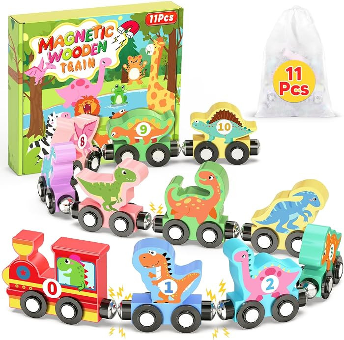 11 Pcs Magnetic Dinosaur Train Set Montessori Toys for 1 2 3 Years Old Toddlers Boys Girls, Woode... | Amazon (US)