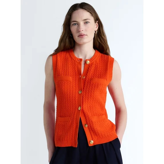 Free Assembly Women's and Women's Plus Button Front Cable Knit Sweater Vest, Lightweight, Sizes X... | Walmart (US)
