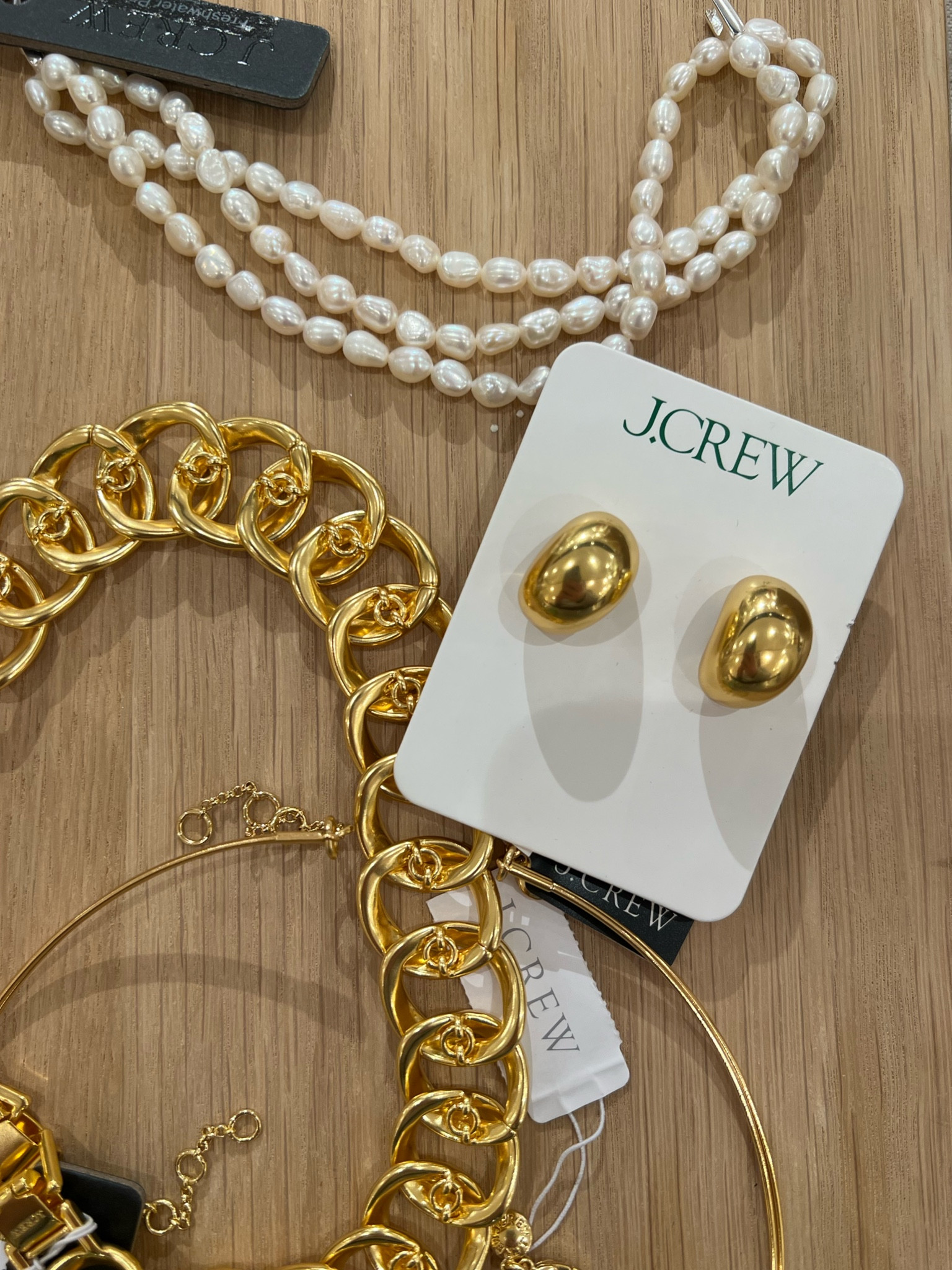 J. Crew gold sculptural orb earrings, chain necklace and pearl necklace 