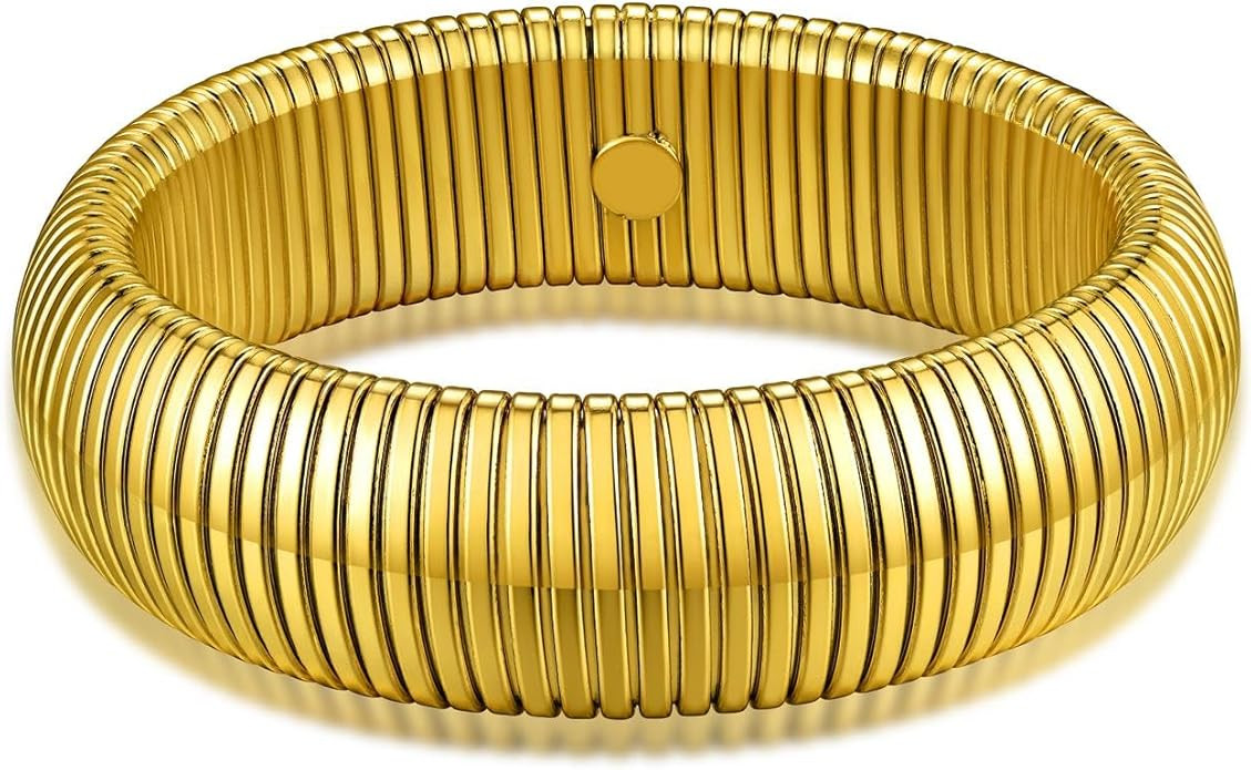 Bangle Bracelets for Women, Stainless Steel Stretch Bracelet Flexible Wide Link Chain Gold Wristb... | Amazon (US)