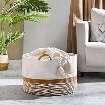 KAKAMAY Large Blanket Basket (20"x13"),Woven Baskets for storage Baby Laundry Hamper, Cotton Rope... | Amazon (US)