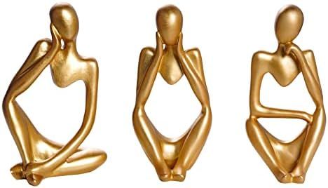 SUMERSHA 3Pcs The Thinker Statue Abstract Sculpture Mini Gold Resin Statue Set for Modern Home Of... | Amazon (US)