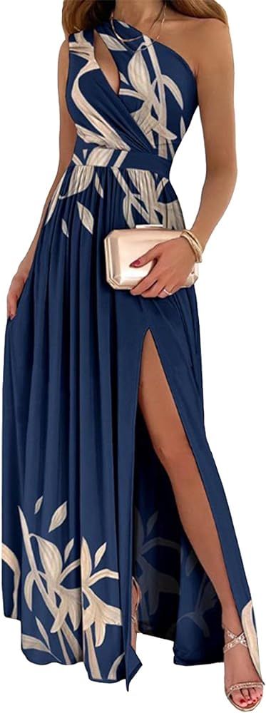ECDAHICC Women's Sexy One Shoulder Cutout Pleated Maxi Dress Sleeveless High Slit Formal Evening ... | Amazon (US)